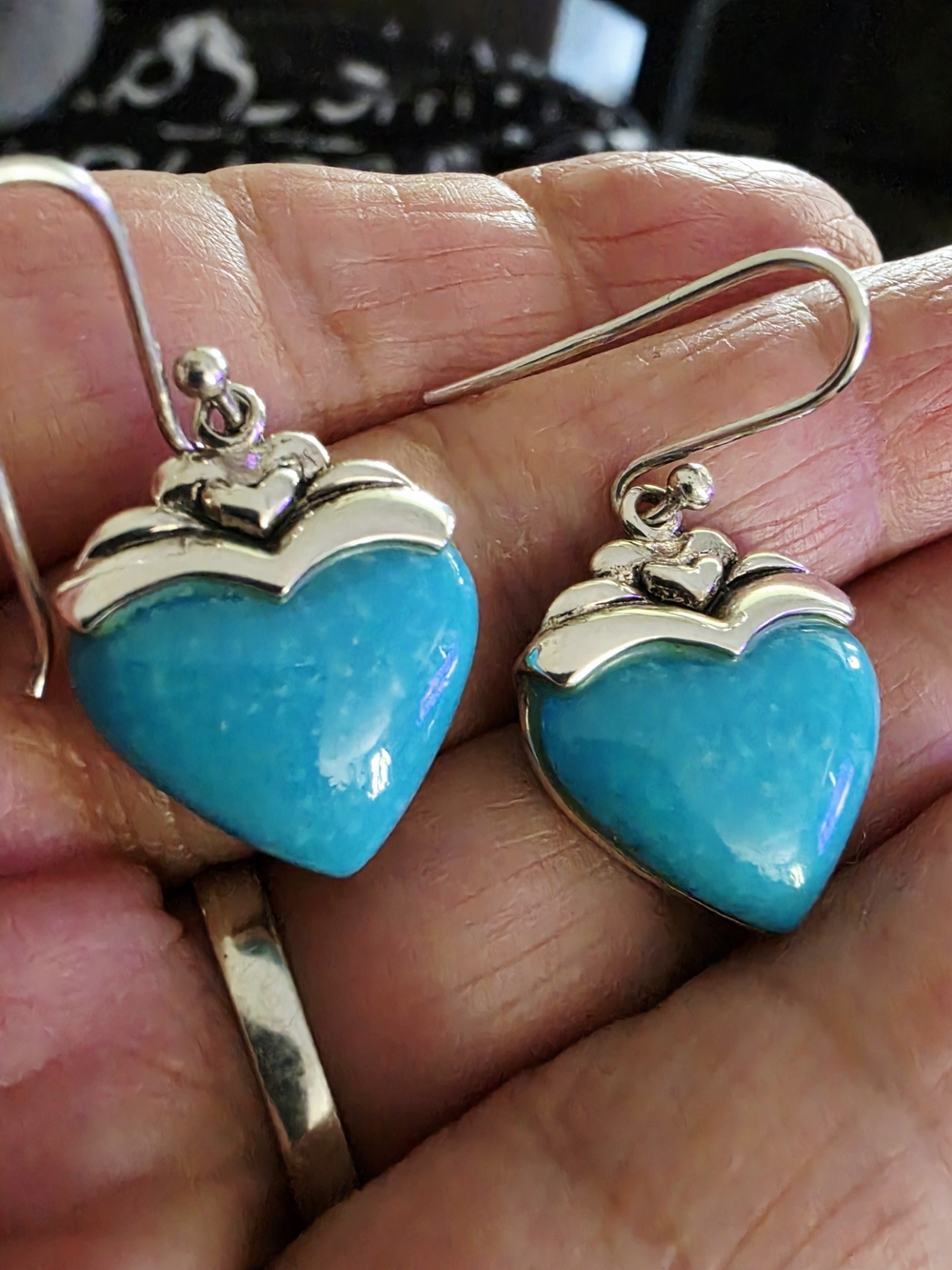 Heart Shaped Turquoise Drop Earrings in Silver-Tone - Picture 2 of 3